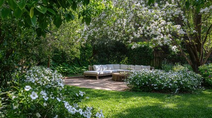 A serene garden scene with a cozy seating area surrounded by blooming flowers and lush greenery, perfect for relaxation.