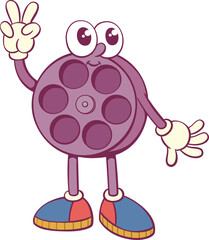 Retro groovy film reel mascot character