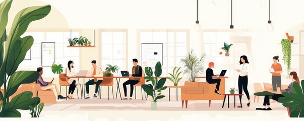 A bright and open co-working space with people collaborating, surrounded by plants and large windows.