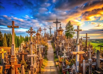 Naklejka premium Scenic view of the Hill of Crosses in Lithuania, a symbol of faith and resilience against adversity