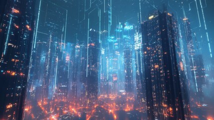 Futuristic Cyberpunk City in Blue and Orange Hues