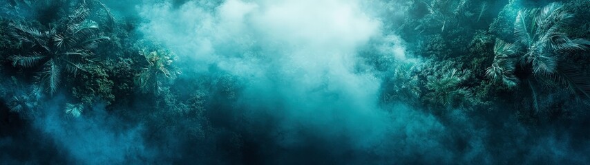 Fototapeta premium An aerial view of a dense jungle landscape in Thailand during a war, shrouded in a deep blue fog that enhances the mystery and tension of the scene