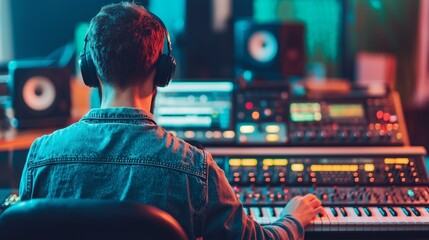 Obraz premium A focused music producer adjusts controls on a synthesizer in a vibrant studio, surrounded by colorful lights and audio equipment.