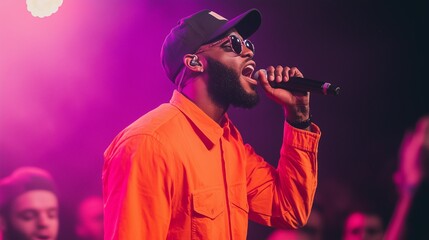 A passionate performer singing on stage, captivating the audience with powerful vocals and vibrant energy under colorful lights.