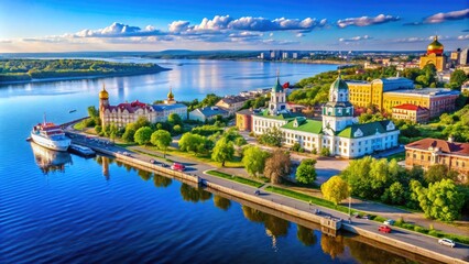 Fototapeta premium Scenic View of Ulyanovsk City with River and Historic Architecture Under Clear Blue Sky in Russia