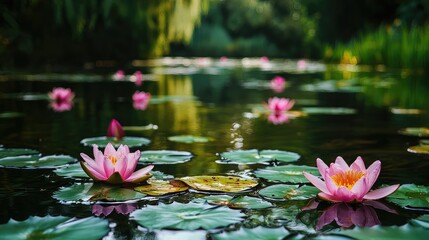 A serene pond scene featuring beautiful pink lotus flowers amidst lush greenery and tranquil water reflections.
