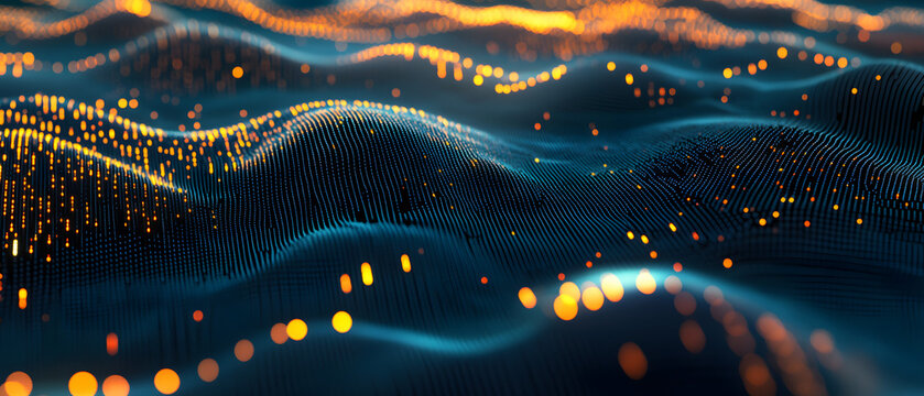 Terabytes of binary code data flying in a stream of information. Wavy field of coded blockchains. Neural network, points and numbers 3D illustration