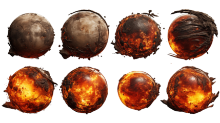 Set of scorched planets, The planets are on fire, destroyed by a cataclysm, Isolated on Transparent Background.