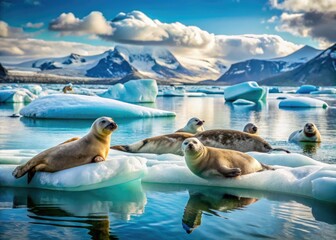Seals Resting on Icebergs in Jokulsarlon Glacier Lagoon, Iceland's Stunning Natural Landscape