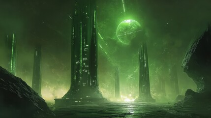 sky-fi background green. concept of the future. city of the future, space. scientific achievements in the future.