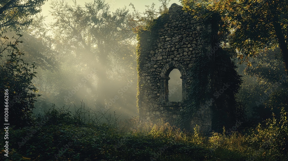Poster a serene view of a ruined stone structure enveloped in mist, surrounded by lush greenery and soft mo