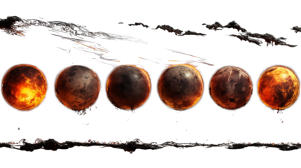 Set of scorched planets, The planets are on fire, destroyed by a cataclysm, Isolated on Transparent Background.