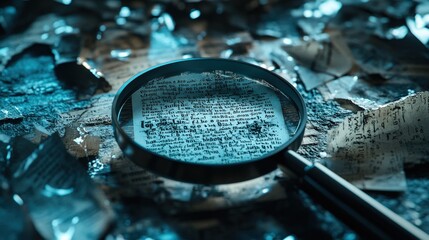 A close-up view of a magnifying glass on an old, worn-out document surrounded by broken glass, emphasizing scrutiny and discovery.