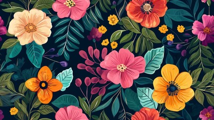 Floral designs with vibrant blooms and leaves on black background. Flowers seamless pattern