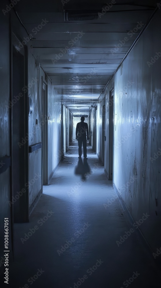 Poster a shadowy figure stands alone in a dimly lit corridor, creating a mysterious and eerie atmosphere th