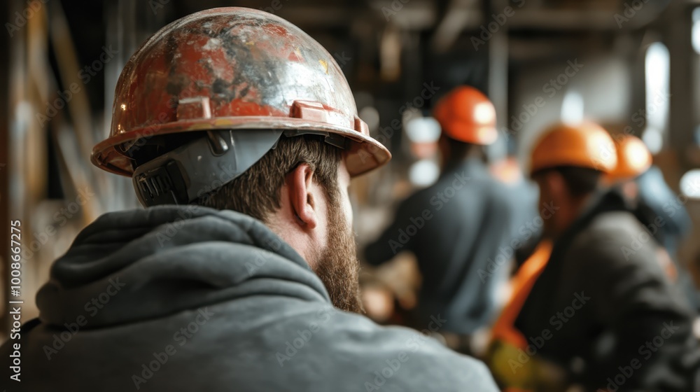 Poster a construction worker wearing a hard hat focuses on a task in a busy work environment, highlighting 
