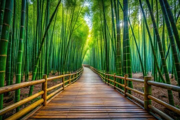 Fototapeta premium Serene Bamboo Walkway Through Lush Greenery in a Tranquil Nature Landscape for Relaxation and Peace