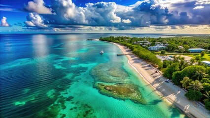 Fototapeta premium Serene Beachfront Scene in Grand Cayman with Crystal Clear Waters and Lush Tropical Landscapes