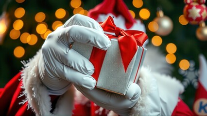 Close-up of gloved Santa hand holding a wrapped Christmas present