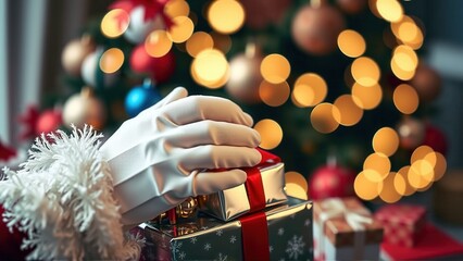 Santa placing a gift under a Christmas tree with festive lights