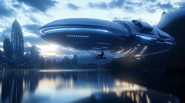 A tranquil lakeside scene at dusk where a person lounges on a swing, contemplating sleep; a beautiful vimana reflects on the water's surface, blending elements of nature and futuristic design into a