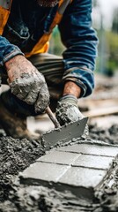 Naklejka premium A skilled worker applying cement to create a smooth surface, showcasing craftsmanship at a construction site.