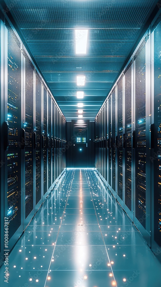Aufkleber a sleek data center corridor showcasing modern server technology with illuminated racks and a reflec