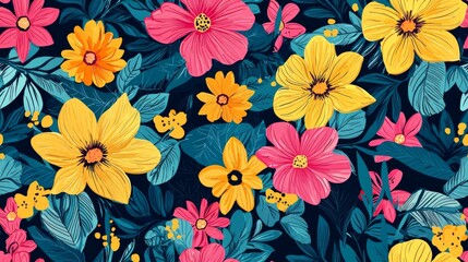 Floral designs with vibrant blooms and leaves on black background. Flowers seamless pattern
