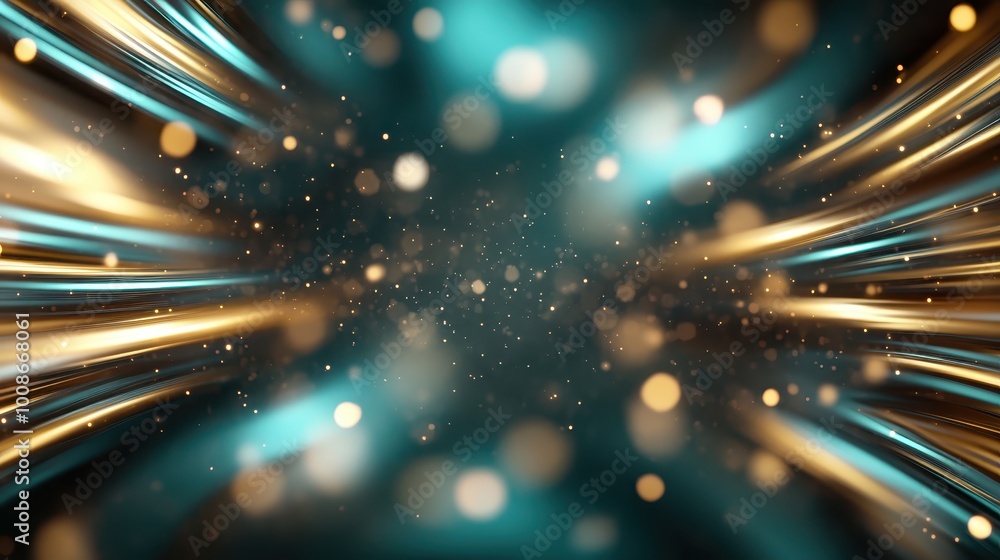 Poster a mesmerizing abstract background featuring dynamic gold and teal light streaks, creating a sense of