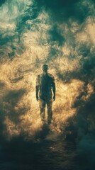 Obraz premium A solitary figure stands surrounded by ethereal fog, evoking a sense of mystery and introspection in a surreal landscape.