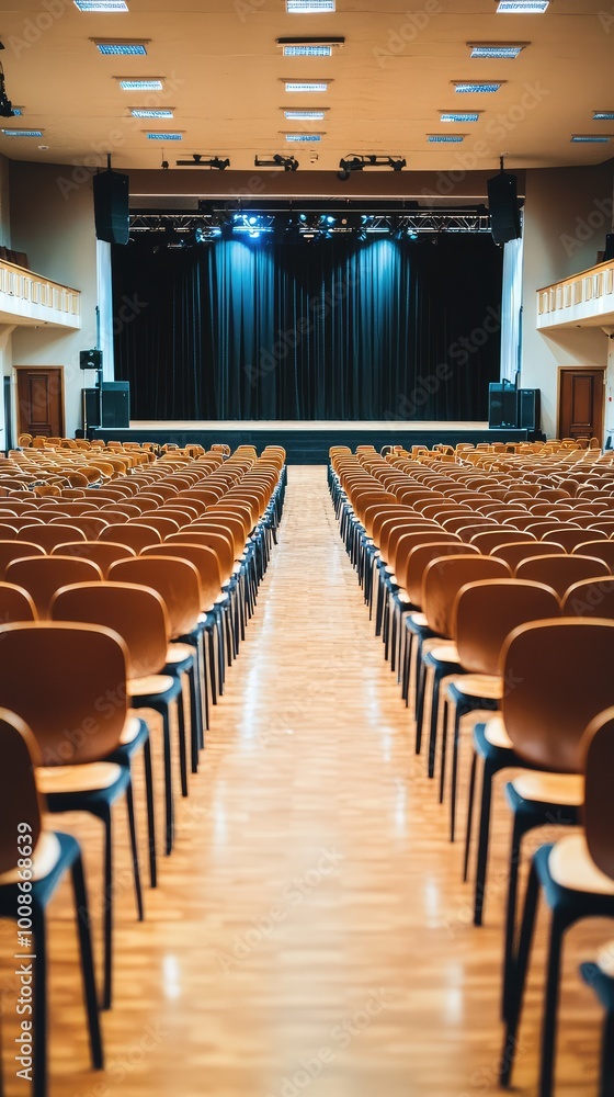 Poster a spacious auditorium with rows of empty chairs, ready for an event or performance, highlighted by s