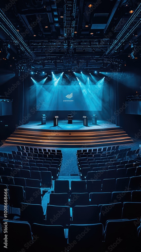 Poster a spacious auditorium with stage lighting set for an event, showcasing empty seats and a modern desi