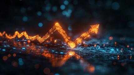 The glowing arrow points upward on a graph against a dark background, representing strong growth and positive trends in the digital market. The vibrant colors enhance the visual impact