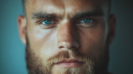 A close-up portrait of a serious man with striking blue eyes and a beard, expressing intensity and emotion against a neutral background, showcasing human depth.