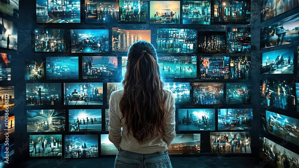 Poster a person stands captivated in a dimly lit space surrounded by multiple screens displaying stunning d