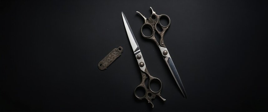 Stylish scissors and shears on a dark background, perfect for barbering and hairstyling concepts in professional and artistic settings.