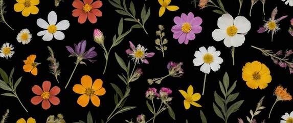 A vibrant arrangement of assorted flowers on a black background, perfect for spring themes, floral designs, or nature-inspired projects.