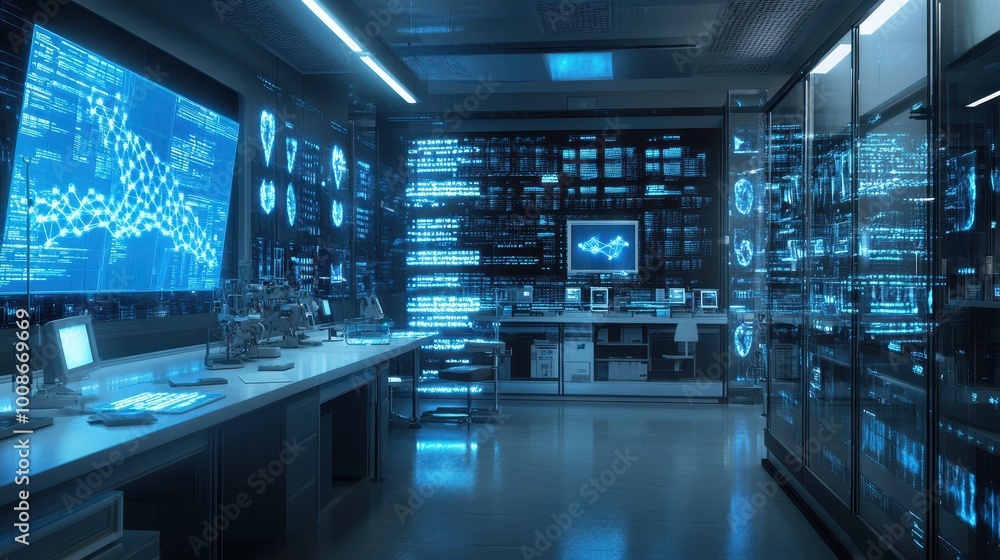 Poster high-tech futuristic control room with advanced data displays