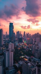 Obraz premium A stunning cityscape at sunset, showcasing towering skyscrapers against a vibrant sky with hues of orange and purple.