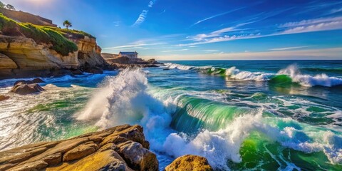 Fototapeta premium Serene Coastal Waves Crashing Against Rocky Shoreline Under Clear Blue Sky on a Sunny Day
