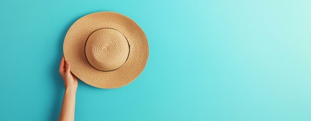 A hand holding a straw hat against a bright turquoise background, symbolizing summer, vacation, and relaxation. Ideal for travel themes.