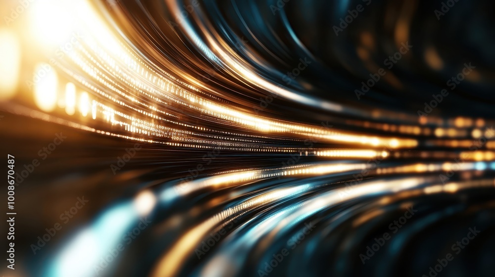 Poster bright golden light streaks curve dynamically through darkness, creating a mesmerizing abstract patt