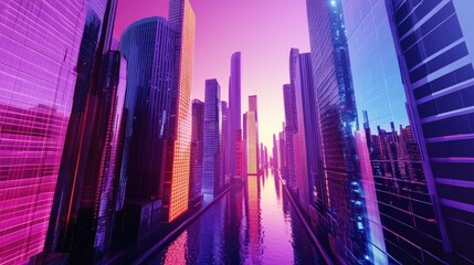 A vibrant modern skyline reflecting colors in the water, showcasing futuristic architecture and an artistic urban landscape.