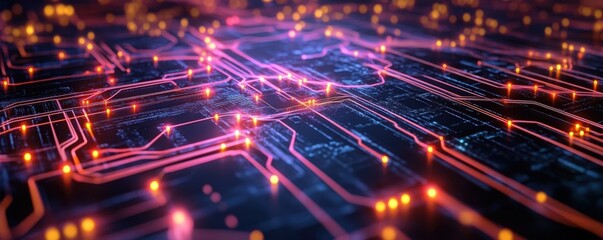 Fototapeta premium Abstract image of a circuit board with vibrant lights and neon colors, representing technology and innovation in digital design.