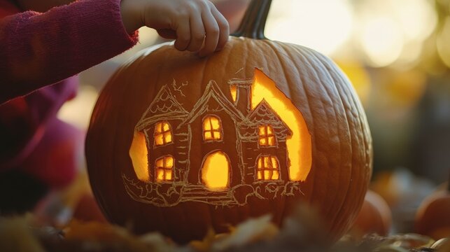 Fototapeta A child carving an intricate haunted house design into a large pumpkin, lit by the soft afternoon sun.
