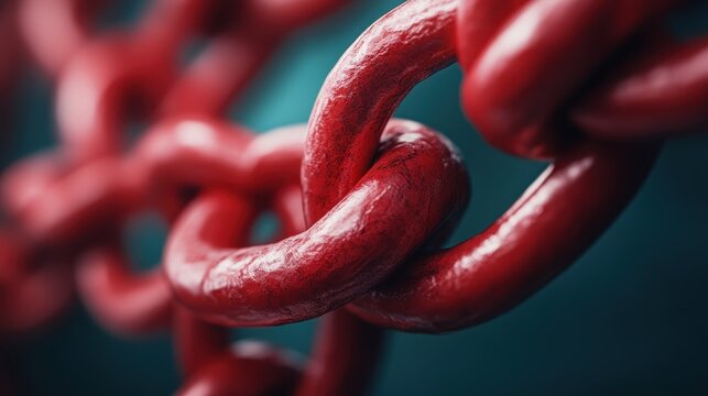 A vivid close-up of interlinked red chain links, capturing the essence of strength and unity, a representation of connection and reliability in relationships.