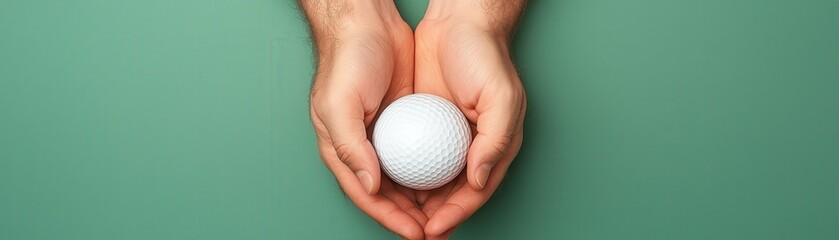 Hands gently holding a smooth white ball against a green background, symbolizing care, protection, and balance in a minimalist style.
