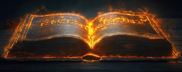 An enchanting open book surrounded by flames, symbolizing the power of knowledge and the magic of storytelling.