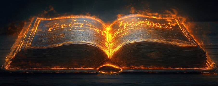 An enchanting open book surrounded by flames, symbolizing the power of knowledge and the magic of storytelling.