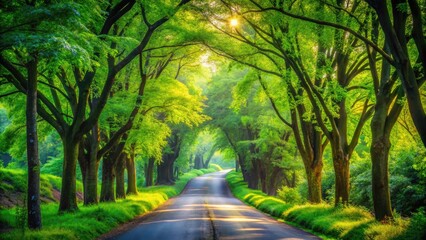Fototapeta premium Serene Green Nature Road Surrounded by Lush Foliage and Vibrant Trees in a Tranquil Landscape
